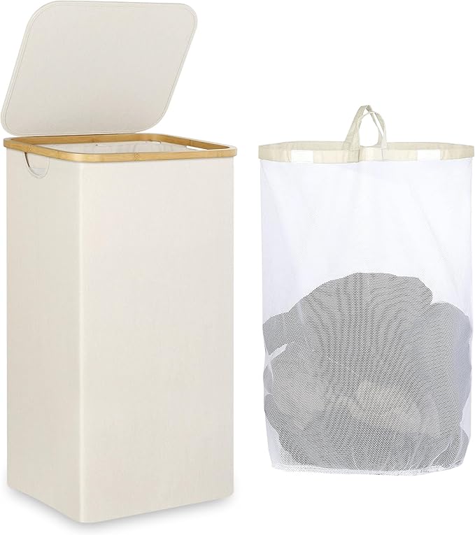 iEGrow Laundry Basket with Lid, 110L Large Laundry Hamper with Handle and Lid, Collapsible Clothes Basket Organizer with Removable Inner Bag for Clothes Toys Towels - Beige
