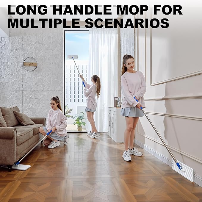 Mop and Bucket Set, Mops for Floor Cleaning with Long Handle, Squeeze Flat Mop and Bucket System, Dry & Wet Dust Mops for Household Floor Cleaning with 3 Microfiber Mops, Slate Blue