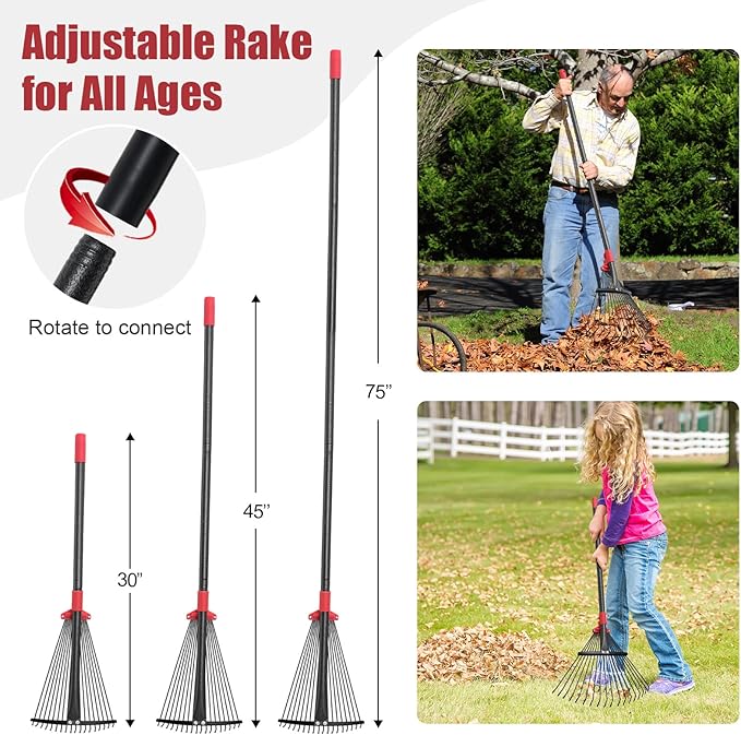 Garden Rake for Leaves: 70 Inch Adjustable Long Handle 18 Metal Tines with 8-17" Expandable Head Heavy Duty Metal Rake for Lawns Leaves Yard Grass Camping Debris