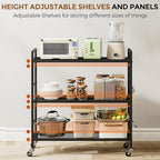3-Tier Metal Storage Rack with Industrial Wheels,Mesh Shelving Unit with Wooden Table top,Adjustable Shelf,31.5-Inch Width, for Kitchen, Laundry,Pantry,Plant,Black panel and black frame