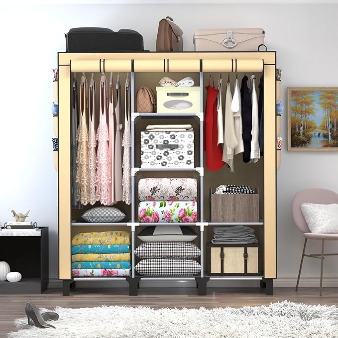 Portable Wardrobe with 10 Storage Racks and 2 Hanging Poles 6 Side Pockets Fleece Cover, Size 130 x 45 x 172 cm, Bedroom Closet Organizer (Beige)