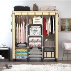 Portable Wardrobe with 10 Storage Racks and 2 Hanging Poles 6 Side Pockets Fleece Cover, Size 130 x 45 x 172 cm, Bedroom Closet Organizer (Beige)