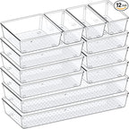 Criusia Drawer Organizer, 12 Pack Clear Plastic Kitchen Drawer Organizers Set,4-Size Versatile Bathroom and Vanity Organizer Trays,Storage Bins for Makeup, Bathroom, Jewelries and Office