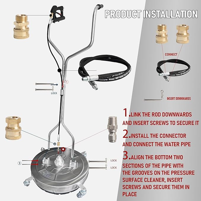 Hourleey 24" Pressure Washer Surface Cleaner with Dual Handles, Stainless Steel Surface Cleaner with 4 Wheels for Driveways, Pathway, Sidewalks, Patios, Decks, 4500 PSI with 3/8" Quick Connector Kit