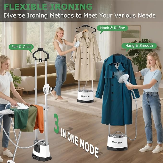 Standing Garment Steamer 1500w Professional Steamer for Clothes with Flat & Hanging Iron Options, Dry & 3-Stage Steam Ironing, 30s Fast Heat-up, Ironing Board, 1.6L/54FL.OZ Water Tank