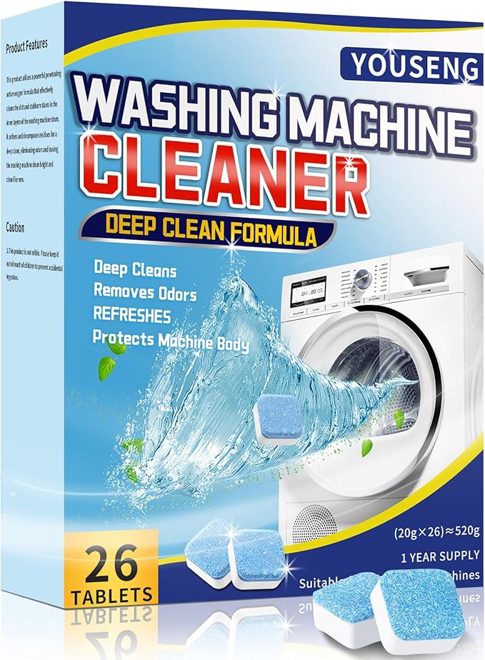 Washing Machine Cleaner Descaler 26 Pack-Deep Cleaning Tablets for HE Front Loader & Top Load Washer, Septic Safe，Deodorization and descaling-1 Plus Year Supply