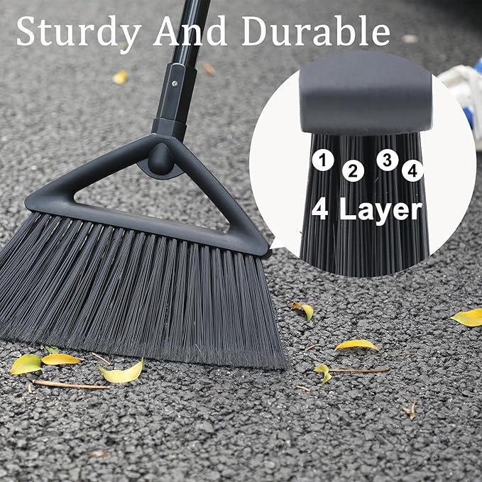 2PCS Heavy Duty Broom, Broom for Sweeeping Indoor and Outdoor, Angle Broom with Long Pole, Outdoor Broom for Courtyard/Garages/Slidewalk, Indoor Broom for Kitchen Lobby Canteen Black