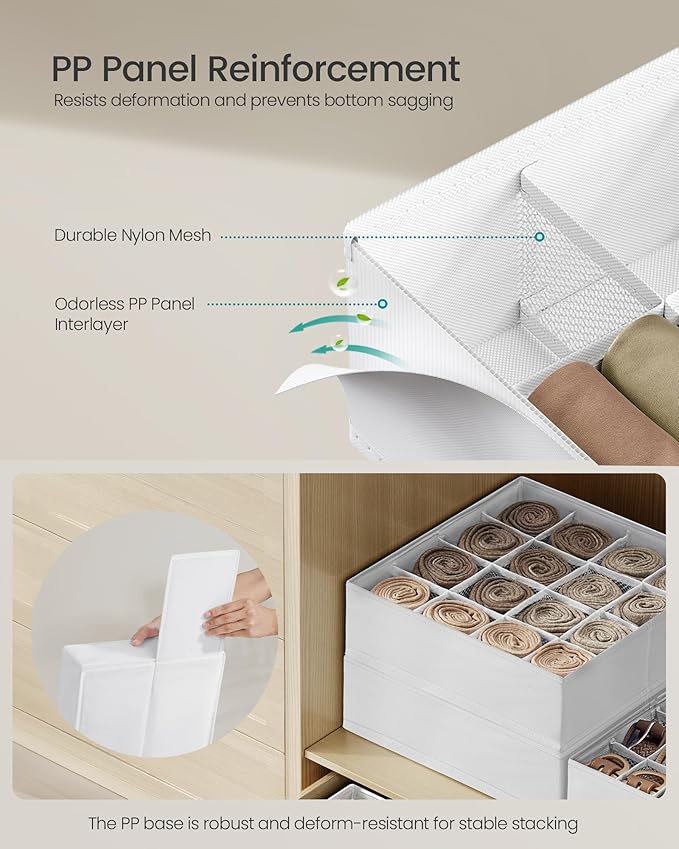 SONGMICS 4 Pack Drawer Organizers, 80 Cells (2x16+2x24), Foldable Dividers, 11.8 x 11.8 x 3.9 Inches, for Socks, Underwear, Ties, Belts, Cloud White URUS011W01