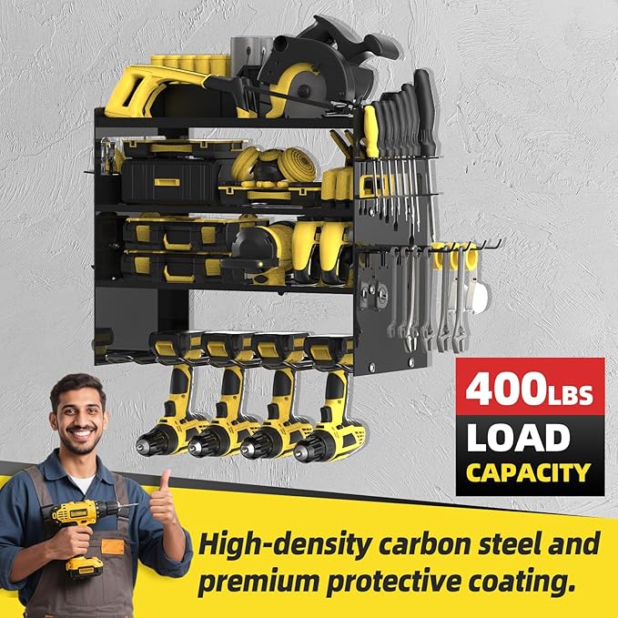 Power Tool Organizer Wall Mount with 4-Drill Holders-400Lbs Load Heavy Duty Metal 4-Layers Garage Storage & Organization Battery Tools Rack with Side Panels Utility Racks Workshop Gifts for Men