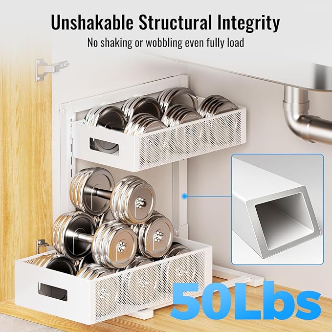 Full Metal Under Sink Organizer 2-Tier, Pull Out Cabinet Organizers and Storage, Silk-Smooth Sliding Drawer for Kitchen, Bathroom, Pantry, Cabinet, Closet (White, 2 Pack)