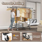 HOKEEPER Clothes Rack Heavy Duty Clothing Rack Load 650 LBS Collapsible Garment Rack with Wheels Double Rod Coat Rack for Hanging Clothes Commercial Closet Rack with Shelves, Black 22" D*75" W*68" H