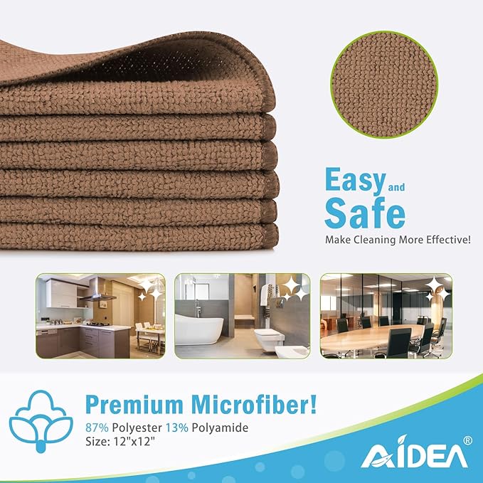AIDEA Microfiber Cleaning Cloth-12PK, Soft Microfiber Towels for Cars, Absorbent Cleaning Rags, Lint-Free Streak-Free Wash Cloths for House, Kitchen, Window(12in.x12in), Brown