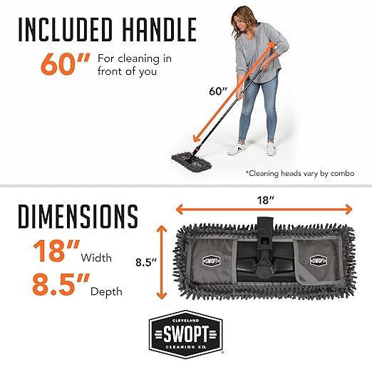 SWOPT 18” Microfiber Dust Mop + 60" Steel Handle, Combo — Includes Additional 18” Microfiber Refill, Machine Washable — Dust Mop Head with Long Handle Interchangeable with All SWOPT Cleaning Products