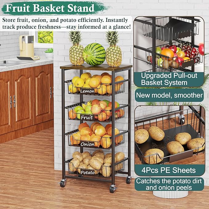 Fruit Basket, 5-Tier Utility Kitchen Organizer and Storage Cart with Pull-Out Baskets and Wood Top, Rolling Pantry Kitchen Cart on Wheels for Fruit Potato Onion Vegetable Snack Produce