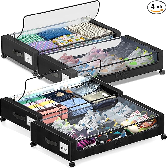 Under Bed Storage with Wheels, 4-Pack Under Bed Storage Containers with Clear Lids, XXL 60L Under the bed storage Organizer Bins, Rolling Under Bed Metal Drawer for Clothes,Shoes,Toys (Black)