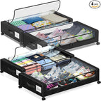 Under Bed Storage with Wheels, 4-Pack Under Bed Storage Containers with Clear Lids, XXL 60L Under the bed storage Organizer Bins, Rolling Under Bed Metal Drawer for Clothes,Shoes,Toys (Black)