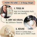 WoollyPals Wool Dryer Balls (6-Pack, XL Size)- 100% New Zealand Organic Wool - Sustainable & Eco-Friendly - Dry 1,000 Loads, Replaces Dryer Sheets, Reduces Static Cling, Reusable (Multi Colour)