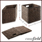 Casafield 12" x 12" Water Hyacinth Storage Baskets, Espresso - Set of 4 Collapsible Cube Organizers, Woven Bins for Bathroom, Bedroom, Laundry, Pantry, Shelves