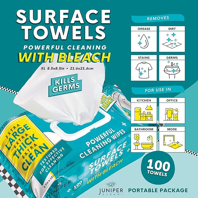 Single Surface Wipes with Bleach, Thick & Large Dispose, All-Purpose Cleaner for Bathroom, Kitchen, Office, 100 Count Soft Flow, Biodegradable, Fresh Scent