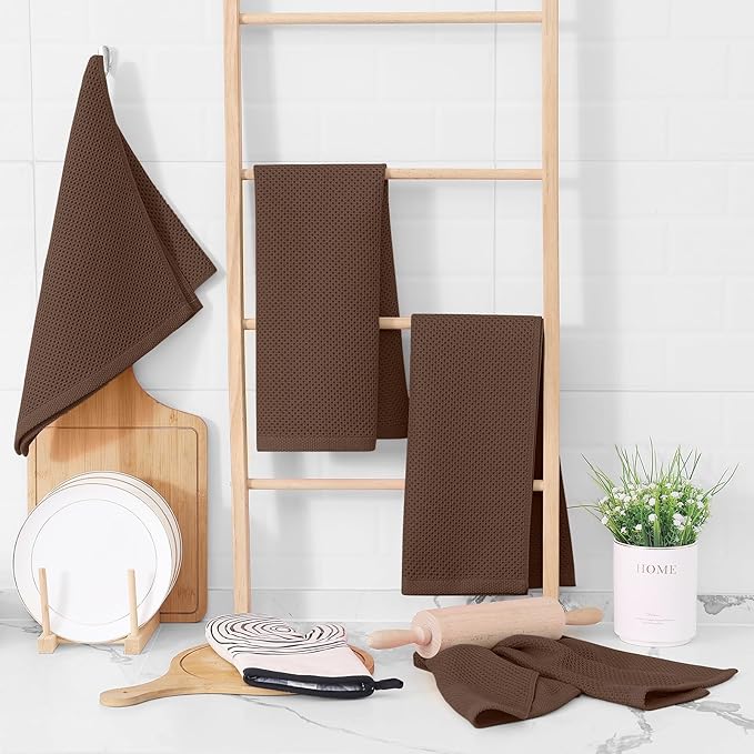 Homaxy 100% Cotton Waffle Weave Kitchen Dish Towels, Ultra Soft Absorbent Quick Drying Cleaning Towel, 13 x 28 Inches, 4-Pack, Coffee