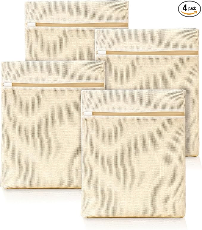4Pcs Cotton Mesh Laundry Bags for Delicates,Breathable Mesh Garment Bag for Washing Machine,Travel Wash Bags with Zipper for Bras,Underwear,Socks,Baby Clothes,Laundry Dorm Room Essentials(M)