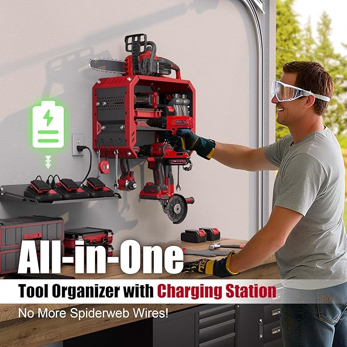 Power Tool Organizer Wall Mount with Charging Station, 3 Layer Heavy Duty Metal Tool Storage Rack Loads 420lbs with 4 Cordless Drill Holder, Battery Utility Rack Loads with 4 Power Strip