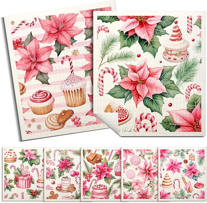 6 Pack Swedish Dishcloths for Kitchen |Watercolor Dish Towels | Reusable Paper Towels Washable | Non-Scratch Cellulose Sponge Cloths | No Odor, Biodegradable, Swedish Cloths, Pink Flower