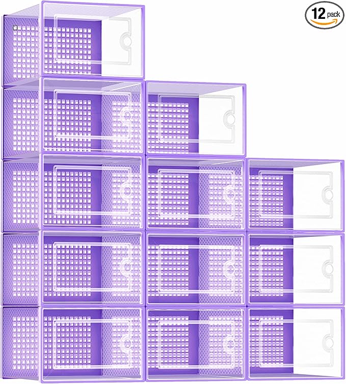 Kuject Shoe Organizers Storage Boxes for Closet, 12 Pack Clear Plastic Stackable Storage Bins with Lids, Under Bed Shoe Containers for Entryway, Drop Front, Fit up to Women's Size 10,Purple