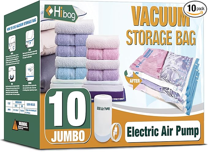 HIBAG Vacuum Storage Bags with Electric Pump, Vacuum Seal Space Saver Bags for Clothes, Clothing, Pillows, Blanket Bedding Comforters, Jumbo 10 pack