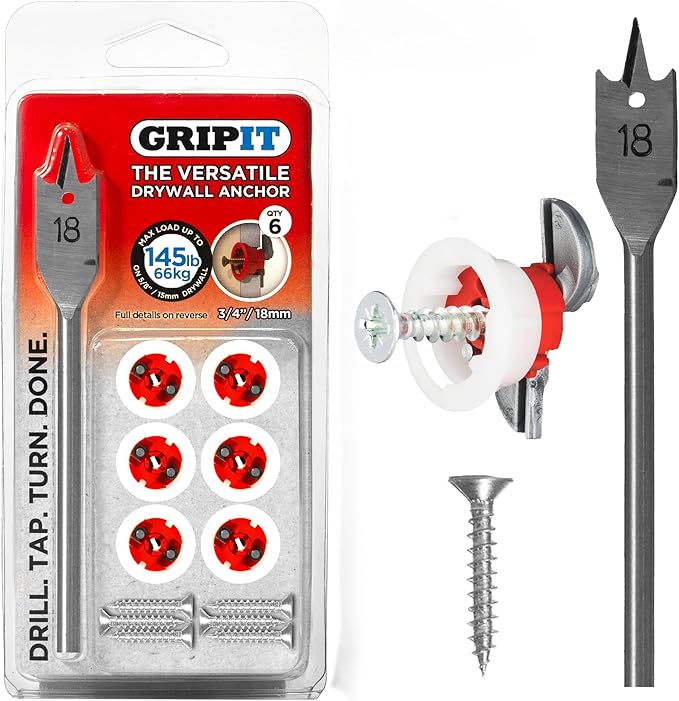 Gripit Red Drywall Anchors (Up to 145Ibs/66kg) | Heavy Duty Drywall Anchors | Wall Anchors and Screws for Drywall | Anchors and Screws Kit | Plaster Wall Anchors | 3/4" Inch Drill Bit | Reusable