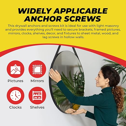 Qualihome Ribbed Plastic Drywall Anchor Kit - Wall Anchors and Screws for Drywall Includes Anchors, & Screws, 1 Masonry Drill Bit - Mounting Tolls for Decor, Furniture, Shelving (14-16 x 1-1/4")