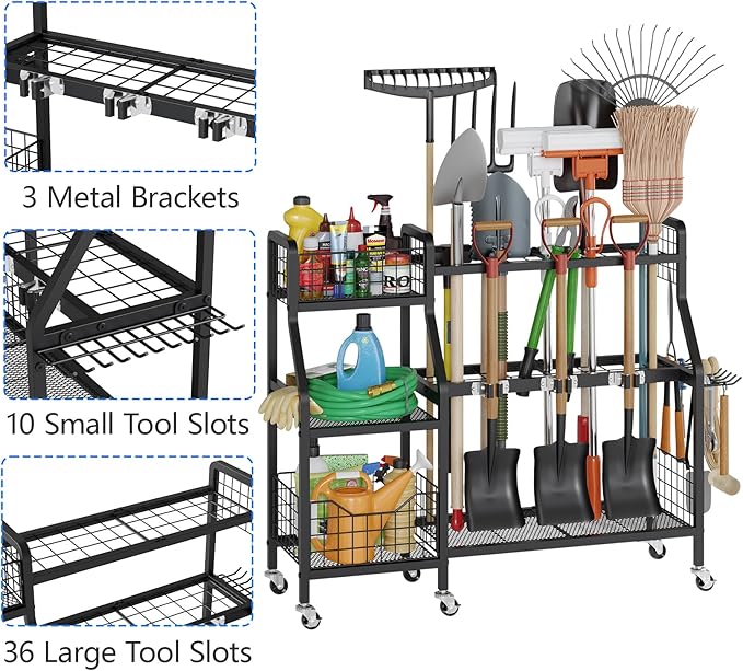 keomaisyto Garden Tool Organizer with 6 Wheels(3 lockable), Heavy Duty Yard Tool organizer with 2 Basket, Large Metal Garage Tool Organization and Storage for Garage/Shed/Yard/Broom Closet/Lawn