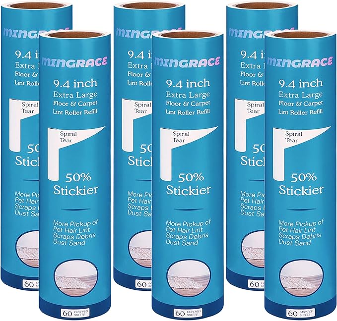 9.4 inch Extra Large Lint Roller Refills Compatible with PetLovers Extra-Wide 9.4 inch Giant Floor Lint Roller, 50% Stickier, Pack of 6 Refills, 60 Sheets per Refill, 360 Sheets Total