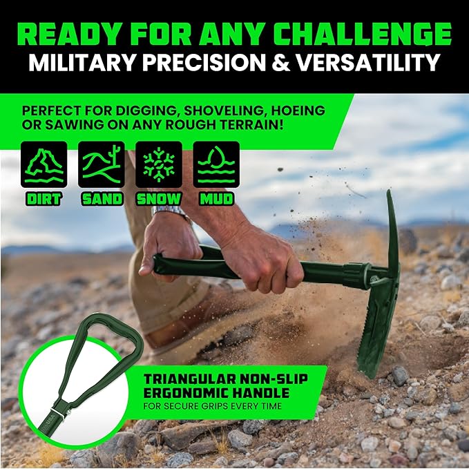 RHINO USA Folding Survival Shovel w/Pick - Heavy Duty Carbon Steel Military Style Entrenching Tool for Off Road, Camping, Gardening, Beach, Digging Dirt, Sand, Mud & Snow - Green