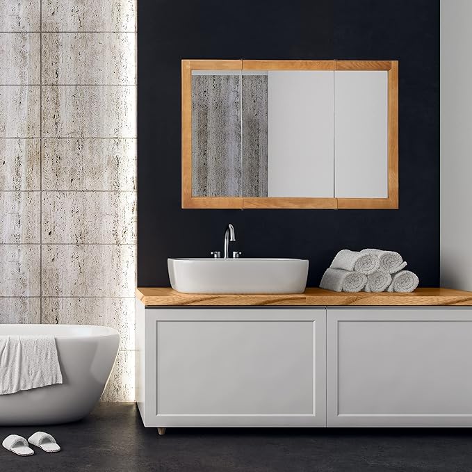 Design House Richland Medicine Cabinet, Fully Assembled, Wall Mounted, 3 Mirrored Doors, Wood Frame, Oak Finish, 48 in x 4.75 in x 30 in, 530584-NOK