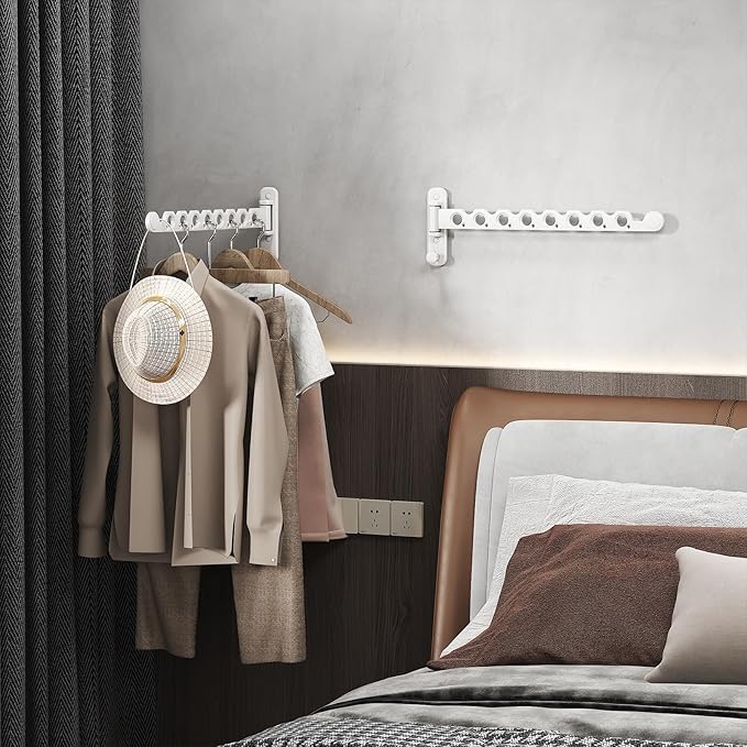 Wall Mounted Clothes Hanger Rack Foldable Drying Rack Hook Folding Indoor for Laundry Room Organization Bedroom Collapsible Racks Perfect for Small Spaces, 8 Hole White 2 Packs