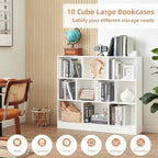 YAHARBO White 10 Cube Bookshelf,3 Tier Modern Horizontal Bookcase,Wooden Low Book Shelf Display Storage Cabinet with Base,Floor Standing Short Bookshelves Open Organizer for Bedroom,Living Room,Office