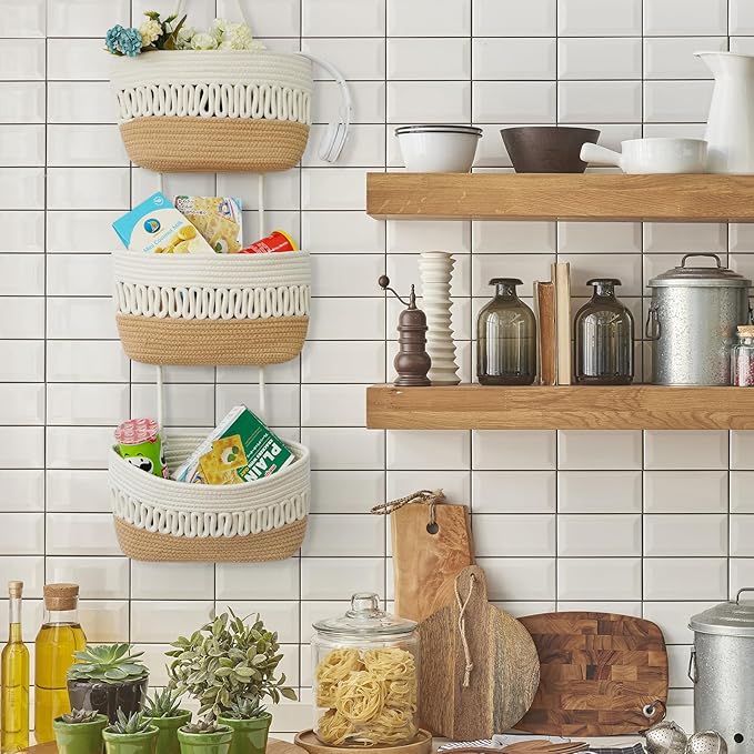 danpinera Over the Door Hanging Baskets for Organizing, 3-Tier Hanging Wall Basket for Storage, Woven Cotton Rope Baskets Storage Decorative for Nursery, Bedroom, Living Room, Kitchen, White & Jute