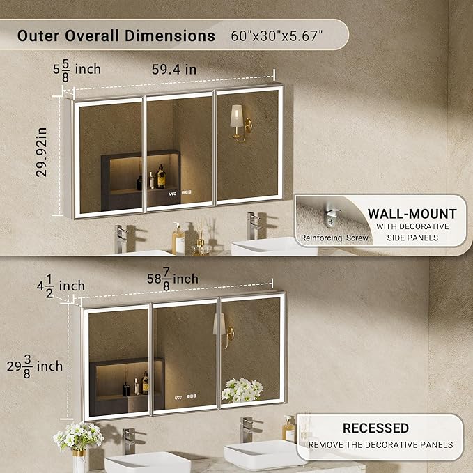 60x30 Lighted Medicine Cabinet with Mirror, Beveled Brushed Nickel Framed Surface or Recessed Fogless Dimmable LED Medicine Cabinet with Outlet, Time Display and Sensor Inner Light