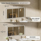 60x30 Lighted Medicine Cabinet with Mirror, Beveled Brushed Nickel Framed Surface or Recessed Fogless Dimmable LED Medicine Cabinet with Outlet, Time Display and Sensor Inner Light