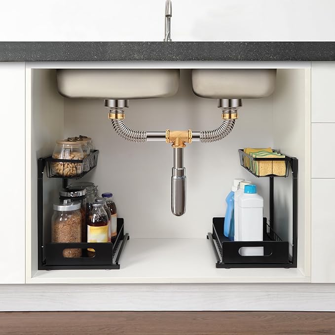 Amazon Basics L-Shape Under Sink Storage Pull Out Cabinet Organizer, Black, Pack of 2