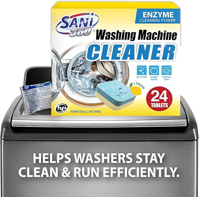 SANI 360° Washing Machine Cleaner, 24 Month Supply is Formulated with Enzyme, Deep Cleans and Deodorizes Front and Top Loading Washers