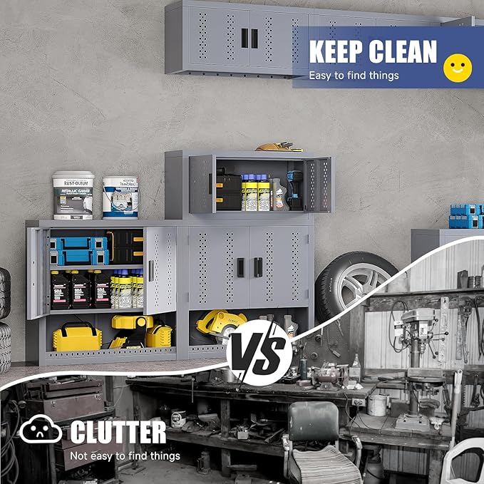 Metal Garage Storage Cabinet Industrial Style Wall Garage Cabinets with 2 Doors Open Storage and Adjustable Shelf Wall Mounted Steel Hanging Cabinet for Warehouse Kitchen Laundry - Assembly Required