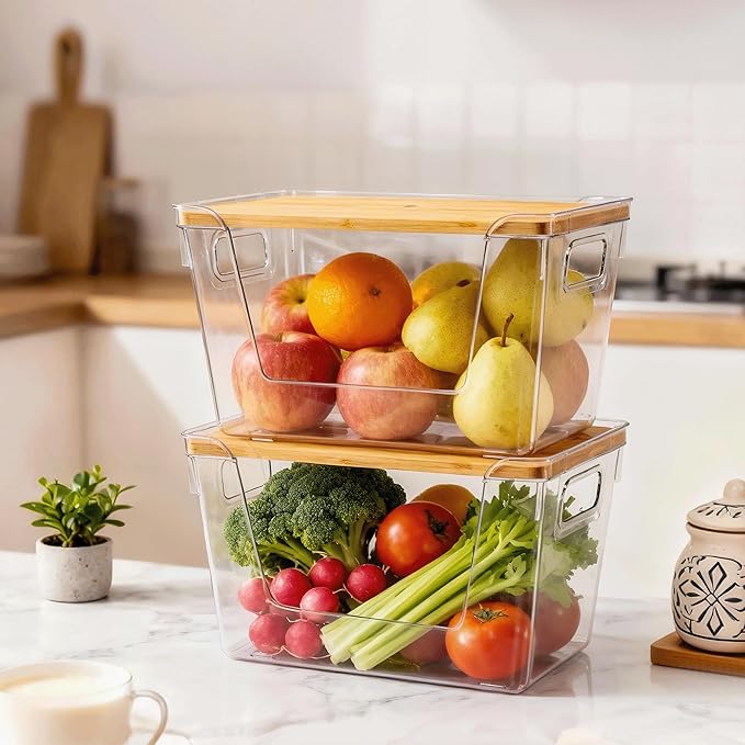 Criusia 2 Set Pantry Organizers and Storage with Bamboo Lids, Stackable Clear Bins for Onion, Potato, Fruit, Vegetables, Trash Bag Dispenser, Kitchen and Under Sink Organizer