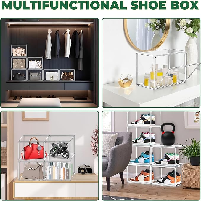 4 Pack X-Large Shoe Boxes Clear Plastic Stackable Storage Box Size 14 Thicken Sneaker Shoes Containers with Magnetic Door Acrylic Display Case Organizer for Closet