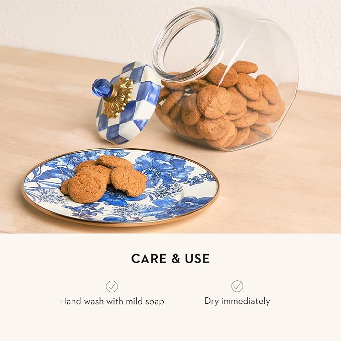 MACKENZIE-CHILDS Sweets Jar with Enamel Lid, Small Glass Cookie Jar or Kitchen Jar, 0.5-Gallon Capacity, Blue-and-White Royal Check