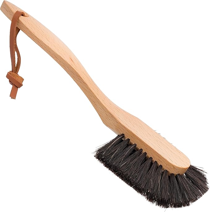 Redecker Oiled Beechwood Dish Brush with Curved Handle and Black Horsehair, 10-1/2-Inches Long, Made in Germany