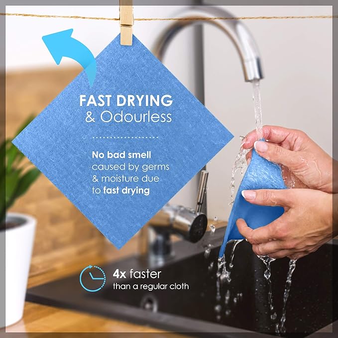 SUPERSCANDI 6 Pack Swedish Dishcloths for Kitchen - 100% Biodegradable & Compostable Reusable Paper Towels Washable, Food-Safe & Without Plastic - Dish Rags Suitable for Any Surface, Blue