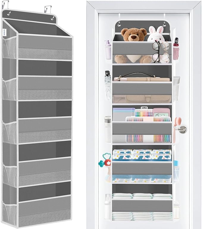 WISELIFE Over The Door Organizer - 5 Shelves Large Capacity Hanging Bedroom Storage Solution with Side Pockets for Dorm Bathroom Pantry Nursery and Baby Essentials Holds up to 40 Lbs (Grey)