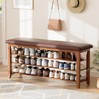 47.2“ Entryway Shoe Storage Bench with Leather Cushion, Farmhouse Wooden Shoe Rack Bench with 3 Tire Under Bench Shoe Storage, Adjustable Shelf and Seating, for Hallway, Front door, Outdoor